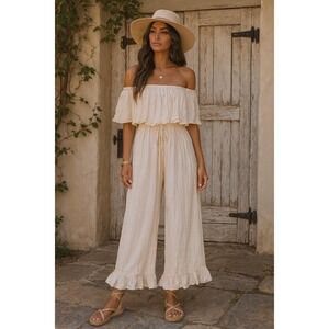 Jaded Gypsy‎ Cream Cotton Gauze Strapless Ruffle Romper Jumpsuit NEW